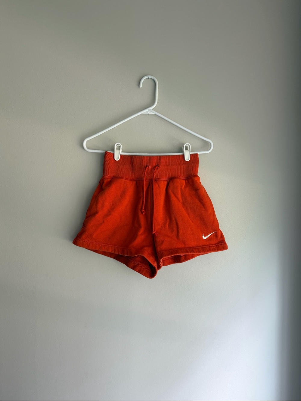 Nike Red-Orange Fleece Shorts with White Swoosh